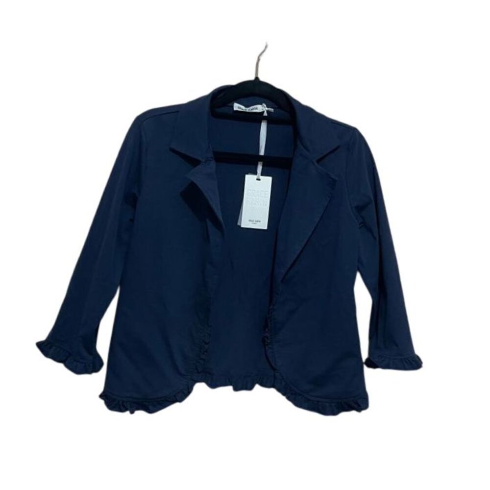 Grace Karin Navy Blue Ruffle Trim Open Front Blazer Jacket Business 3/4 Sleeve S